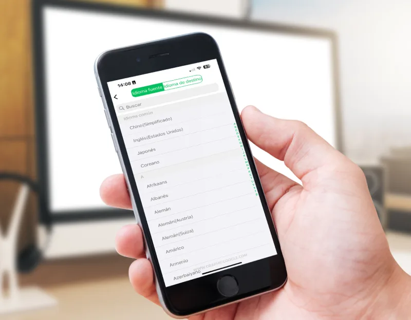 Smartphone mit der Sprachliste der Talkbuds-App zur Auswahl der Übersetzungssprachen