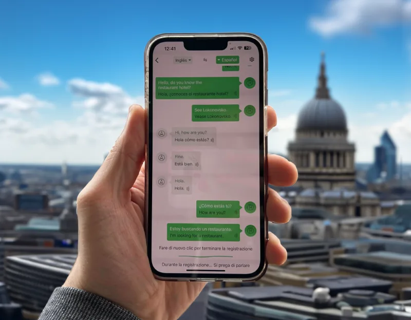 Smartphone mit der Talkbuds-App und einem live übersetzten Gespräch als Chat