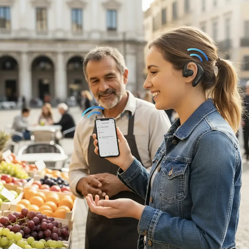 Reisende mit Talkbuds im Gespräch mit einem Obsthändler auf einem Markt, die App übersetzt