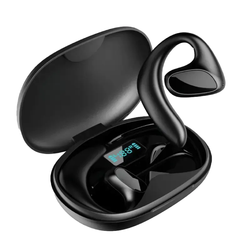 Qinux Talkbuds Übersetzer-Kopfhörer im schwarzen Ladeetui mit Akkuanzeige