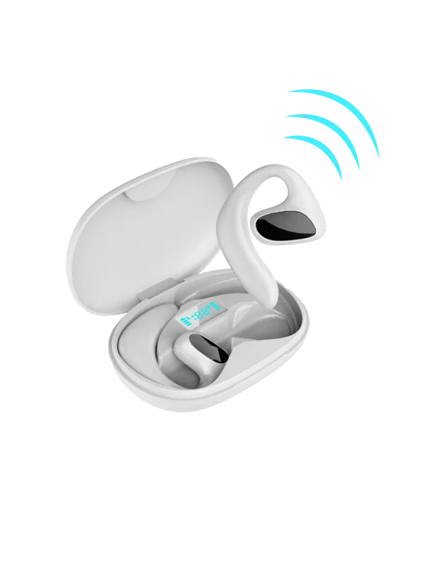 Weiße Qinux Talkbuds Übersetzer-Kopfhörer im geöffneten Ladeetui